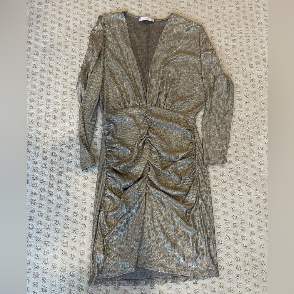 Elegant Low Cut Gold Metallic Dress, Mango Size M